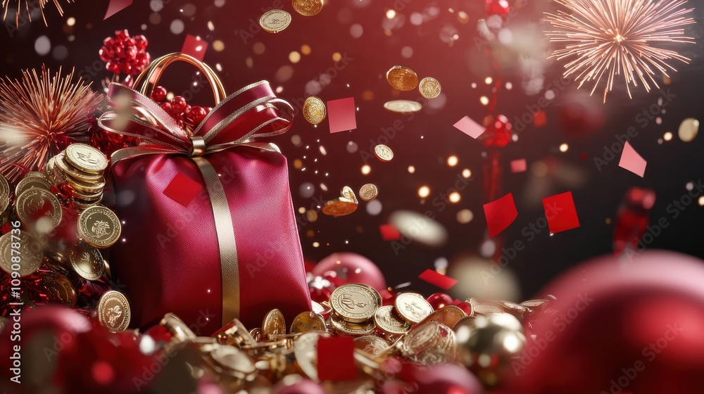 A mobile wallpaper design featuring a central gold ribbon, a 3D bag of gold coins and red envelopes, and flying firecrackers A mobile wallpaper design featuring a central gold ribbon, a 3D bag of gold coins and red envelopes, and flying firecrackers