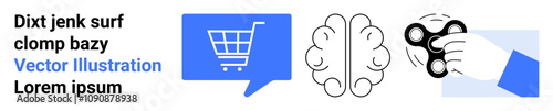 Shopping cart inside chat bubble, brain outline, hand with fidget spinner. Ideal for e-commerce, education, mental health, stress relief, digital interactions, cognitive science, communication