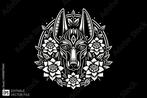 dark art anubis head illustration black and white vector design