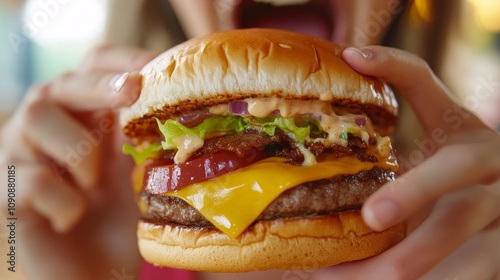 A close-up of a person taking a bite of a juicy hamburger, with melted cheese and fresh vegetables visible, creating an appetizing, mouth-watering scene. photo