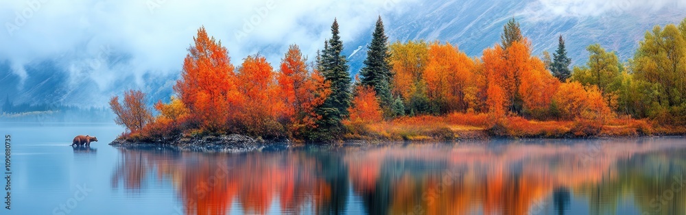 Obraz premium A vibrant salmon spawning stream surrounded by autumn foliage in a tranquil mountain landscape under a misty sky