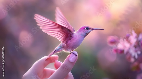 A delicate pink colibri perched gently on someone's finger, its iridescent feathers shimmering in soft light, with a blurred natural background highlighting its beauty. photo