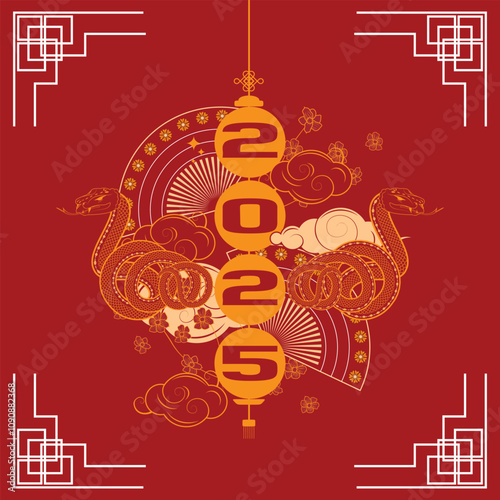 2025 Year of the Snake festive illustration with decorative elements in vibrant red and gold