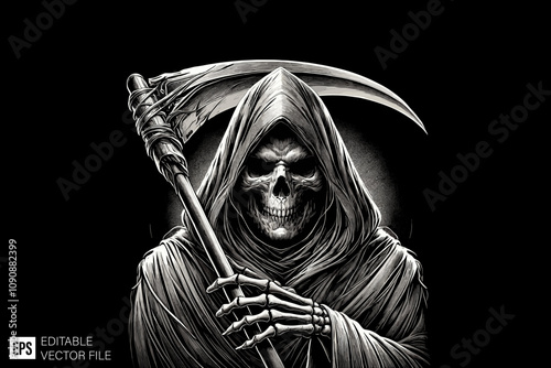 skull grim reaper holding scythe illustration black and white vector design