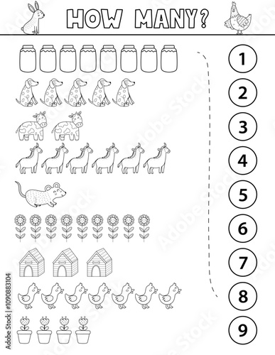 Count and match black and white activity page for kids with cute farm animals and objects. How many puzzle game template in outline for school and preschool. Vector illustration