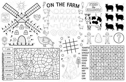 Farm placemat with cute animals. On the farm activity mat for kids with color by number, dot to dot, find the shadow, trace the lines and other games with cow, sheep, dog, etc. Vector illustration