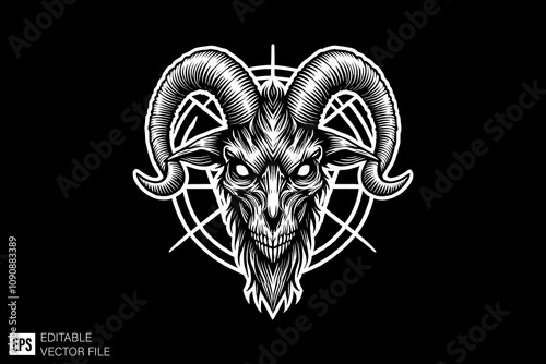 satanic goat illustration black and white vector design