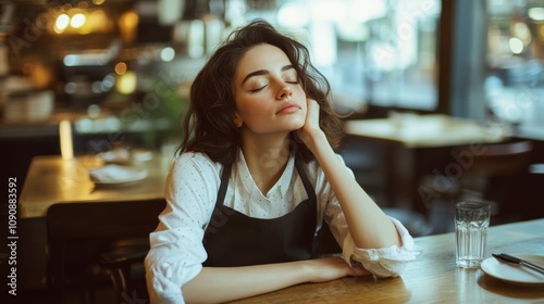 Exhausted Service: A Waitress Catches a Moment of Rest.Concept of Exhaustion, overwork, understaffing, the human cost of service industry jobs,Hospitality, restaurant, food service. photo