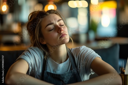 Exhausted Service: A Waitress Catches a Moment of Rest.Concept of Exhaustion, overwork, understaffing, the human cost of service industry jobs,Hospitality, restaurant, food service. photo