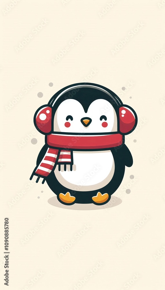 Fototapeta premium Cute Christmas penguin with earmuffs and scarf
