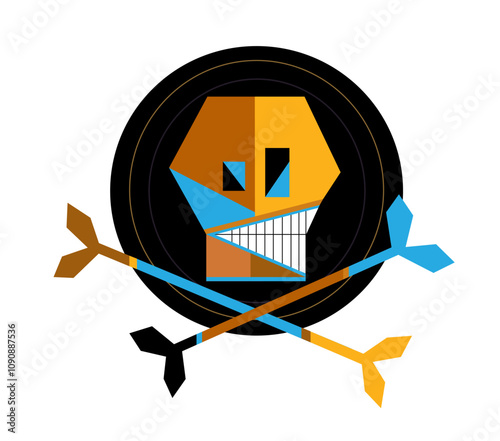 Geometric Skull with Arrows. The image features a stylized skull design composed of geometric shapes. The skull is depicted in a hexagonal form, with a yellow and brown color scheme. It has two blue e