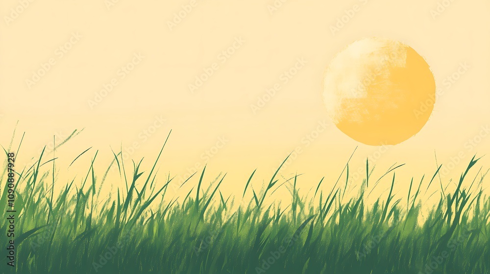 Fototapeta premium Green Grass Field Under A Yellow Sun