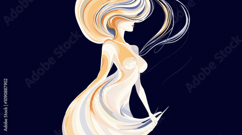 Stylized figure of a woman with flowing hair in a minimalist design against a dark background