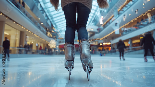 Rear view of the legs of a woman skating on ice at a skating rink in an entertainment center photo