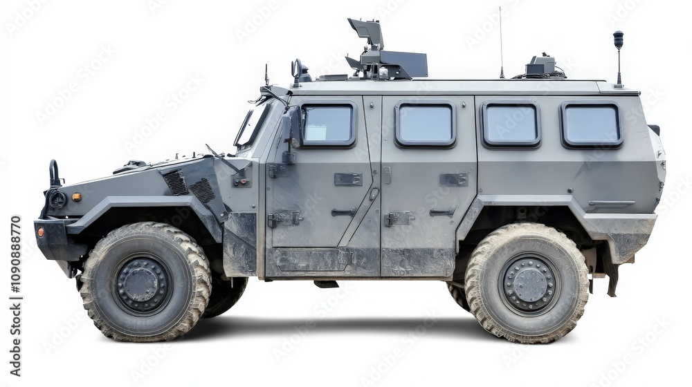 Obraz premium A modern bulletproof armored vehicle, isolated on a white background