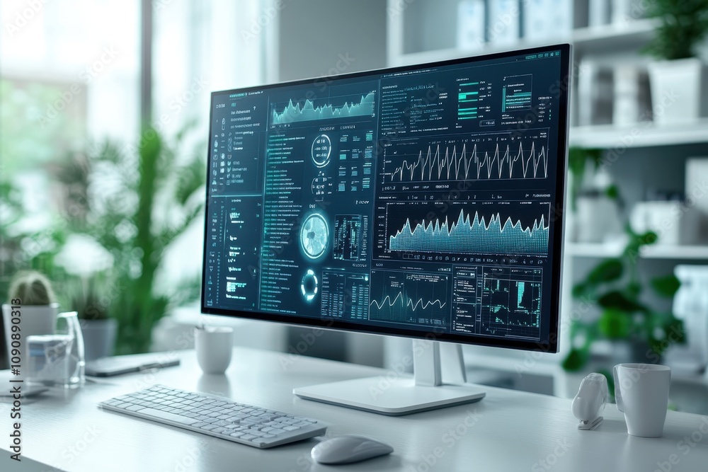 Fototapeta premium Detailed data analysis on a modern computer screen in a bright office environment