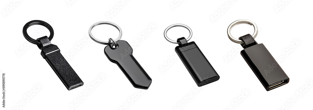 Four sleek black keychains with varied designs and USB connectivity. Four sleek black keychains with varied designs and USB connectivity.