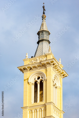 A close-up of the tower of the Condesa de la Vega del Pozo Chapel and Palace. Located in Plaza de Beladiez square. Guadalajara, Spain. photo