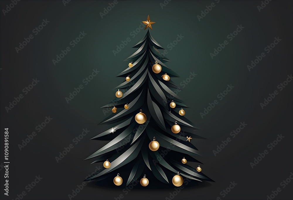 Obraz premium Modern Monochromatic Black Christmas Tree with Gold Ornaments on Charcoal or Deep Emerald Background for Sleek, Bold Holiday Decor