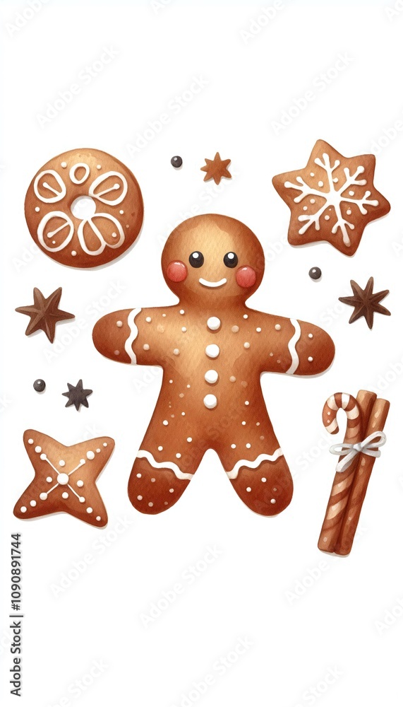 Fototapeta premium Watercolor illustration of gingerbread man cookies decor