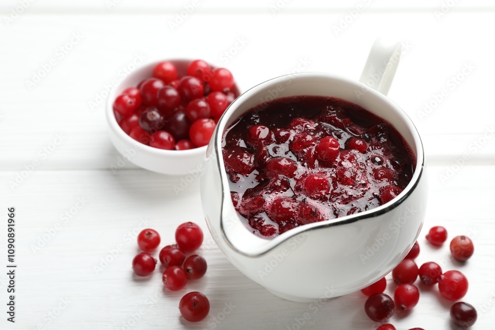 Tasty cranberry sauce in gravy boat and berries on white wooden table, closeup Tasty cranberry sauce in gravy boat and berries on white wooden table, closeup
