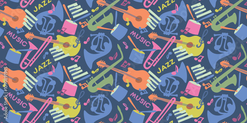 Seamless music pattern with guitar, drum and trombone and french horn, notes. In blue, pink, orange colors. For textiles, wrapping paper, invitations, music events