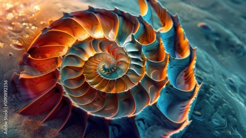 Abstract depiction of a nautilus shell, focusing on its detailed swirl. The shell's natural patterns are beautifully displayed in this art piece.