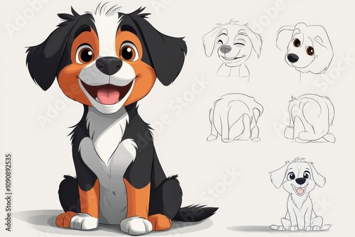 Happy cartoon puppy illustration with various facial expressions and poses displayed photo