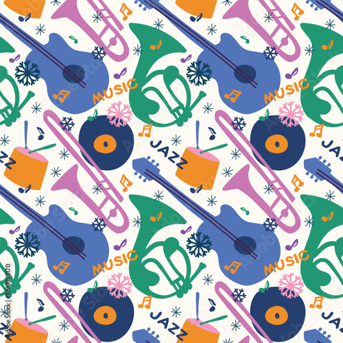 Winter seamless music pattern with guitar, drum and trombone and french horn, notes, snowflake. In blue, pink, orange colors. For textiles, wrapping paper, invitations, music events