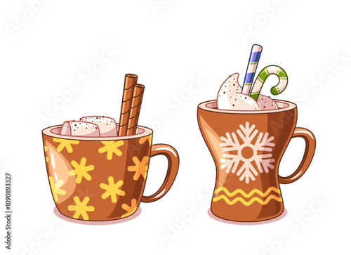 Cartoon sweet hot drink in mug prepared for Christmas festive dinner isolated on white background