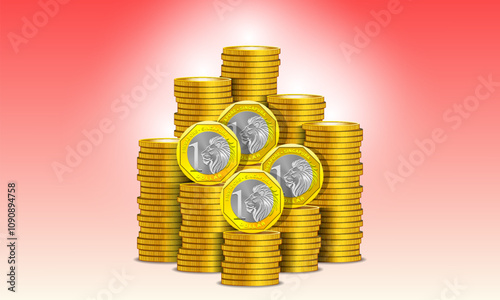Vector set of 3d gold tokens. Denomination one Singaporean dollar. Stacks of metal coins. Big piles of money. Gold coinage. Singapore.
