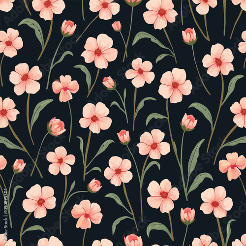 Seamless floral pattern featuring white flowers and green leaves on a dark background