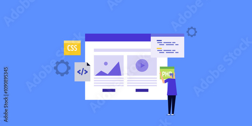 Website coding development, software programmer using PHP script, web application concept.