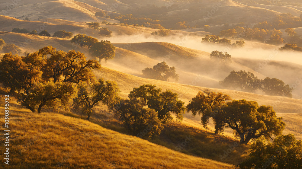 Fototapeta premium Golden mist covering autumn hills with treesGolden mist covering autumn hills with trees