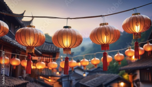 Chinese lanterns on rope Ancient Chinese Village in background