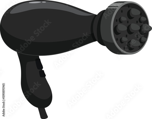 Hair dryer blowing hot air, styling hair with diffuser attachment for volume and defined curls