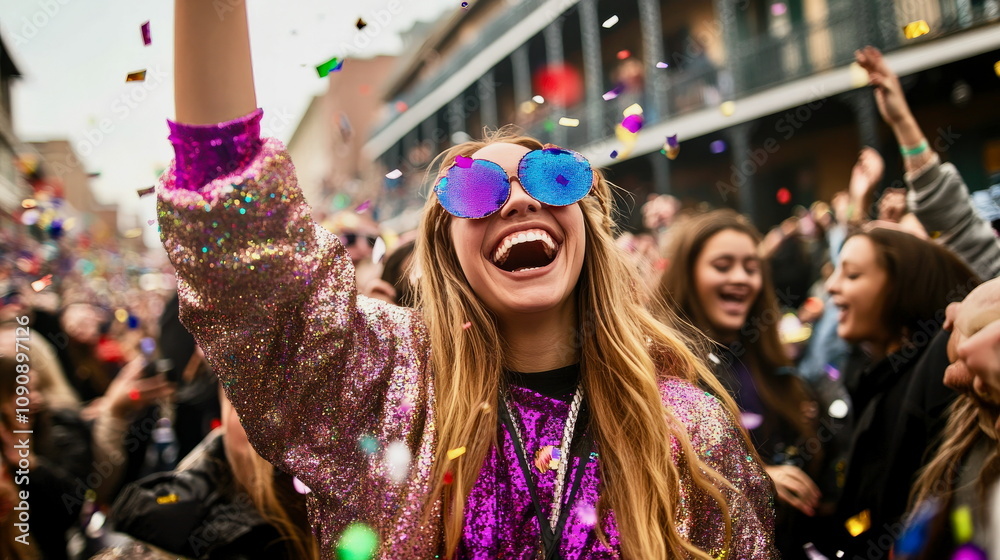 Obraz premium High-angle view of Carnival crowd in New Orleans, people dressed in colorful costumes throwing beads, Mardi Gras energy
