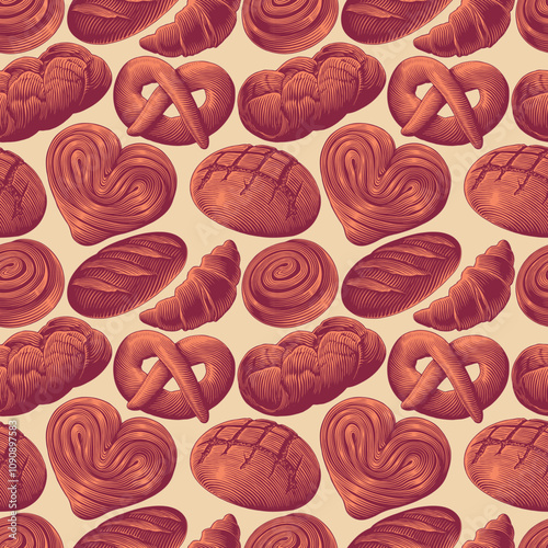 Bakery. Seamless wallpaper pattern.  Background. Editable hand drawn illustration. Vector vintage engraving. 8 EPS