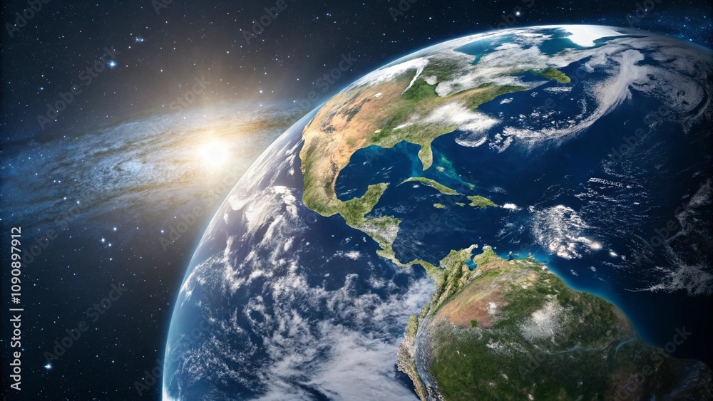 Naklejka premium Planet Earth view from space highlighting continents, blue oceans, and clouds under the glow of the rising sun. A stunning representation of Earth's beauty and space exploration.