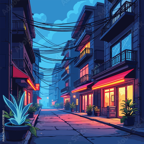 A dark alley slum area suitable for cyberpunk neo noir anime footage