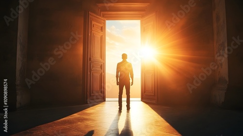 The image features a silhouette of a man standing in a doorway, facing a radiant and warm sunset. The doors are wide open, revealing the light streaming through, illuminating the interior space. 