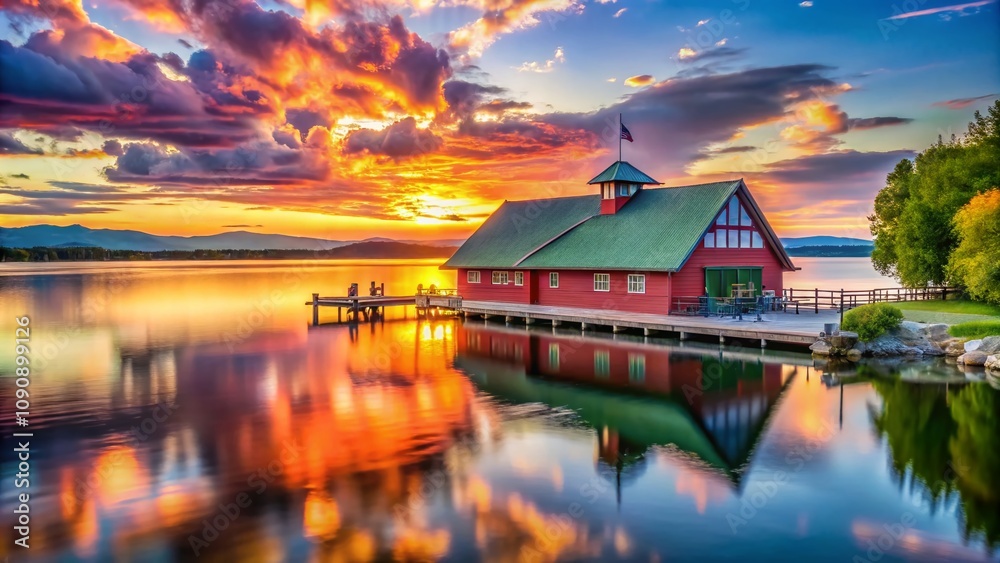 Obraz premium Serene Burlington Community Boathouse on Lake Champlain at Sunset, Showcasing Waterfront Beauty and Tranquil Reflections in the Calm Waters of the Lake