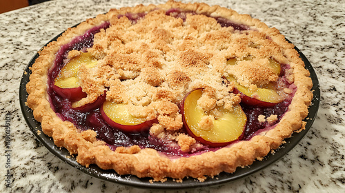 Golden plum crumble pie with shortbread crust.Golden plum crumble pie with shortbread crust. photo