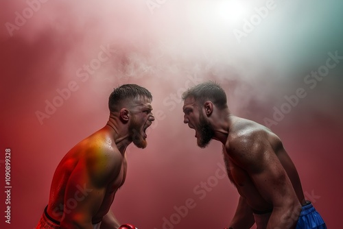 Two MMA fighters facing each other very closely in the ring. Looking at each other angry. Screaming at each other. Effects with lights and smoke. CInematic, artistic, setup.