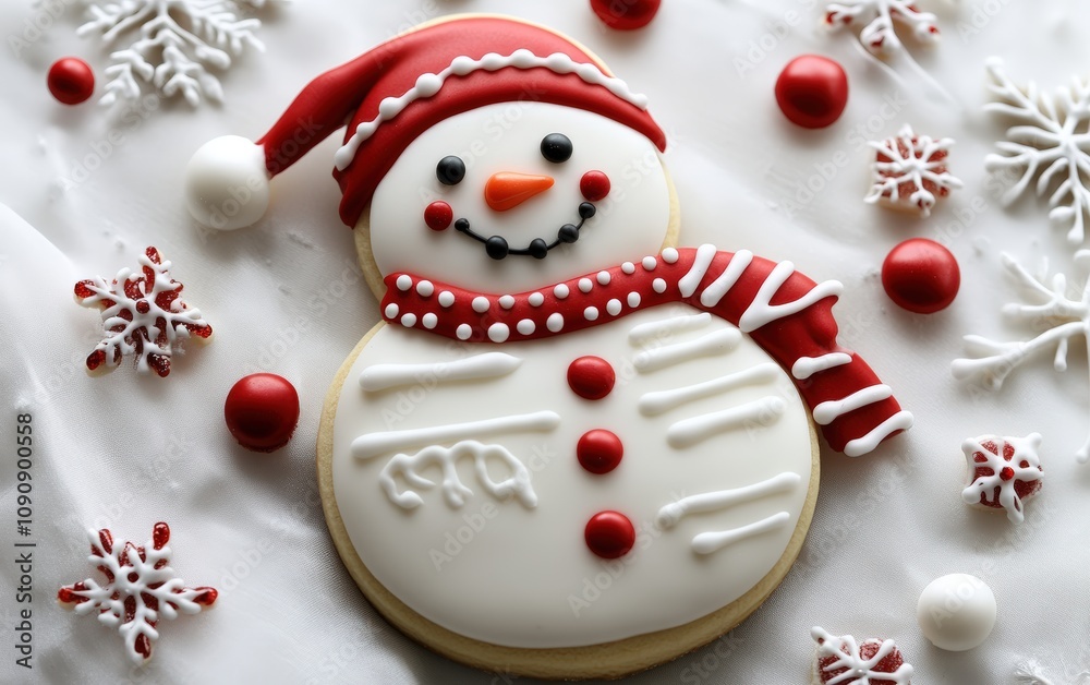 Fototapeta premium 3D snowman cookie character with red and white icing, decorated with candy buttons, smiling face, classic and festive on a white background 