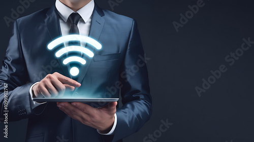 Wi-Fi, Businessman holding a tablet with holograph symbol of wifi,wifi symbol, wireless internet concept in busineess, Wireless Internet Concept photo