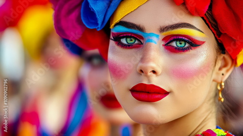 Portrait of a performer in a traditional costume at Barranquilla Carnival, bright colors and festive spirit
