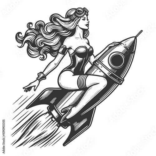 pin-up woman riding a rocket with a confident expression, embodying adventure and vintage sci-fi sketch engraving generative ai vector illustration. Scratch board imitation. Black and white image.