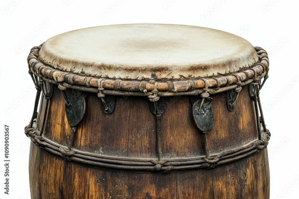 Fototapeta premium Large, aged wooden drum with leather top.