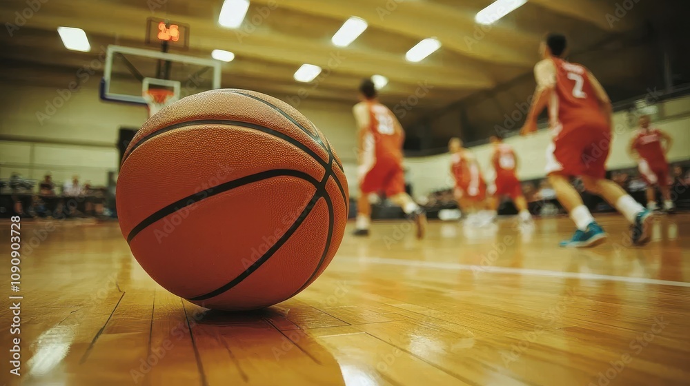Players Focused on a Basketball Game in an Indoor Gym Environment with a Basketball in the Foreground Capturing the Energy of the Sport Players Focused on a Basketball Game in an Indoor Gym Environment with a Basketball in the Foreground Capturing the Energy of the Sport